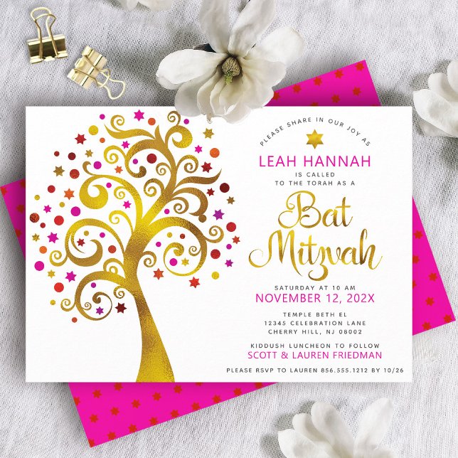 Bat Mitzvah Red Gold Foil Tree of Life Modern Bold Invitation (Creator Uploaded)
