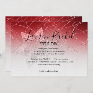 Bat Mitzvah Red Star of David Glittery Invitation