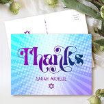 Bat Mitzvah Retro Blue Purple Gradient Thank You Postcard<br><div class="desc">Make sure your favourite Bat Mitzvah shows her appreciation to all who supported her milestone event! Send out this fun, boho retro, personalised thank you postcard. Fun, trendy, bold purple and navy blue typography with modern sans serif typography overlay a background of pop light turquoise and purple ombre gradient rays...</div>