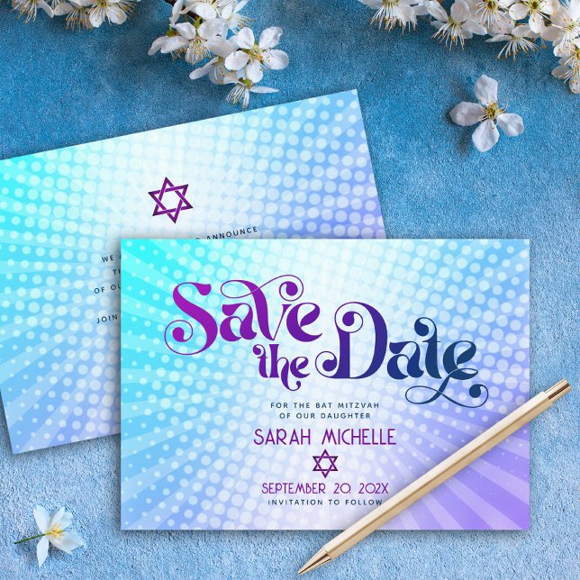 Bat Mitzvah Retro Blue Purple Ombre Gradient Boho Save The Date (Creator Uploaded)