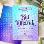 Bat Mitzvah Retro Boho Blue Purple Gradient Bold Invitation<br><div class="desc">Be proud, rejoice and showcase this milestone of your favourite Bat Mitzvah with this fun boho retro, personalised invitation! Fun, trendy, bold purple and navy blue typography with modern sans serif typography overlay a background of pop light turquoise and purple ombre gradient rays with white dots. On the back, a...</div>