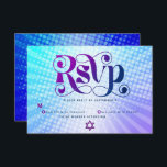 Bat Mitzvah Retro Boho Blue Purple Gradient Bold RSVP Card<br><div class="desc">Be proud, rejoice and showcase this milestone of your favourite Bat Mitzvah! Include this boho, retro, personalised RSVP insert card for your event. Fun, trendy, bold purple and navy blue typography with modern sans serif typography overlay a background of pop light turquoise and purple ombre gradient rays with white dots....</div>