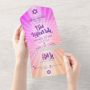 Bat Mitzvah Retro Boho Pink Orange Gradient Bold All In One Invitation