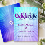 Bat Mitzvah Retro Boho Purple Blue Gradient Bold Enclosure Card<br><div class="desc">Be proud, rejoice and showcase this milestone of your favourite Bat Mitzvah! Include this groovy boho retro, personalised insert for additional information to your event. Fun, trendy, bold purple and navy blue typography with modern sans serif typography overlay a background of pop light turquoise and purple ombre gradient rays with...</div>