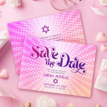Bat Mitzvah Retro Pink Orange Ombre Gradient Boho Save The Date<br><div class="desc">Make sure all your friends and relatives will be able to celebrate your daughter’s milestone Bat Mitzvah! Send out this fun, boho retro, personalised “Save the Date” announcement postcard. Fun, trendy, bold dark hot pink and purple typography with modern sans serif typography overlay a background of pop light orange and...</div>
