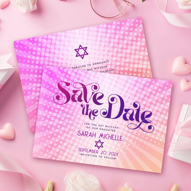 Bat Mitzvah Retro Pink Orange Ombre Gradient Boho Save The Date (Creator Uploaded)