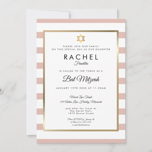 Bat Mitzvah Rose Gold And White Stripe Invitation (Front)