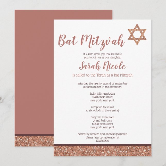 Bat Mitzvah Rose Gold Chic Elegant Faux Glitter Invitation (Front/Back)