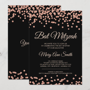 Bat Mitzvah Rose Gold Faux Glitter Confetti Black Invitation