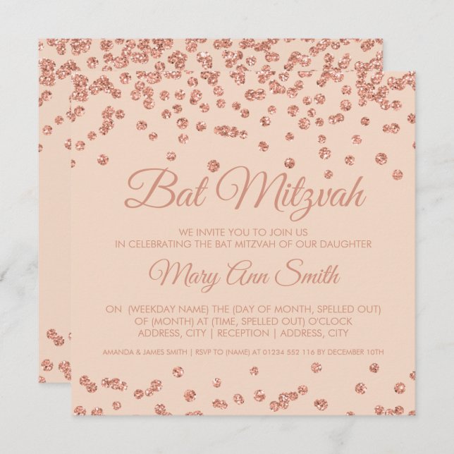 Bat Mitzvah Rose Gold Faux Glitter Confetti Blush Invitation (Front/Back)