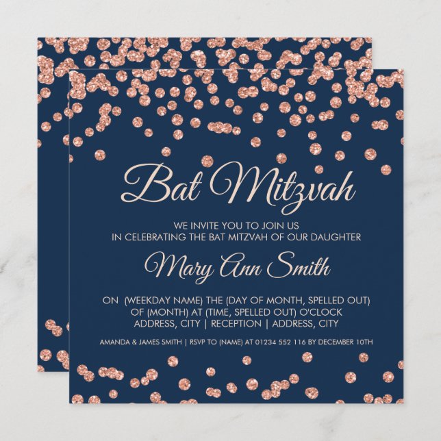 Bat Mitzvah Rose Gold Faux Glitter Confetti Navy Invitation (Front/Back)