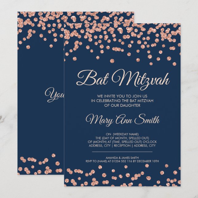 Bat Mitzvah Rose Gold Faux Glitter Confetti Navy Invitation (Front/Back)