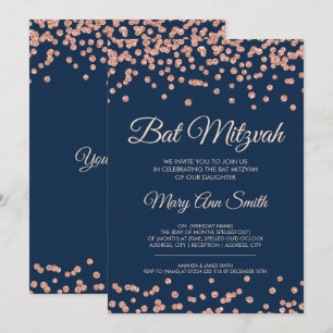 Bat Mitzvah Rose Gold Faux Glitter Confetti Navy Invitation