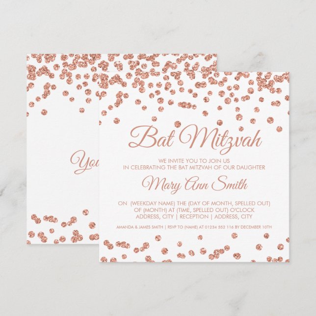 Bat Mitzvah Rose Gold Faux Glitter Confetti White Invitation (Front/Back)