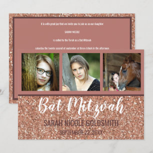 Bat Mitzvah Rose Gold Faux Glitter Photo Collage Invitation