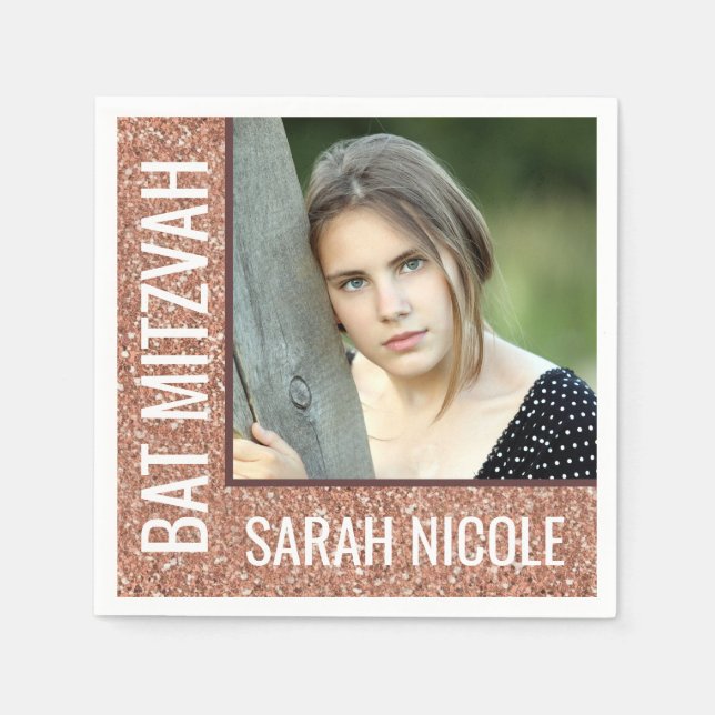 Bat Mitzvah Rose Gold Glitter Glam Custom Photo Napkin (Front)