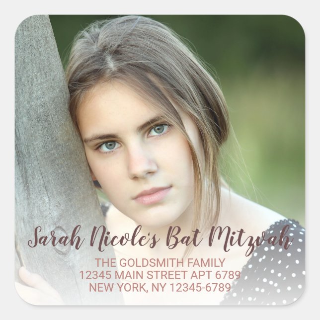 Bat Mitzvah Rose Gold Typography Photo Address Square Sticker (Front)