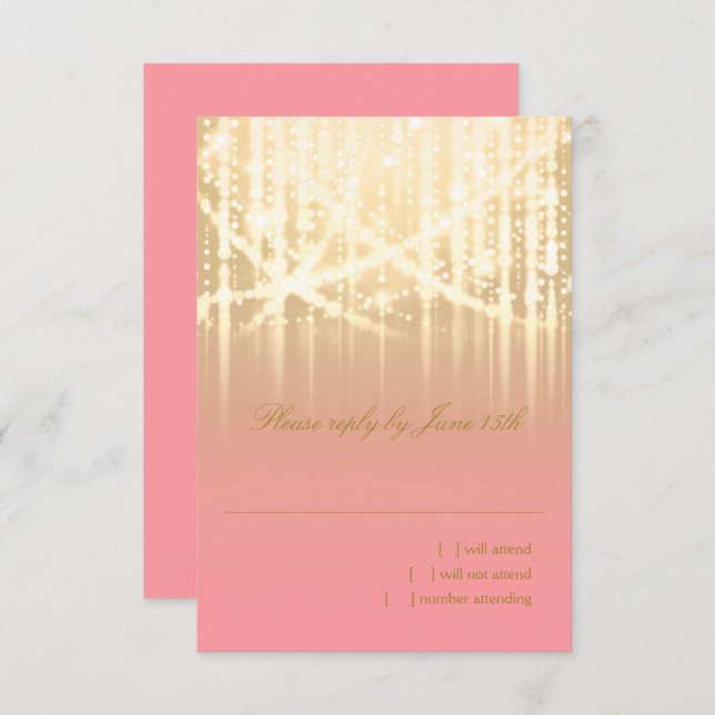 Bat Mitzvah Rose Pink and Gold Sparkly Lights RSVP Card (Front/Back)