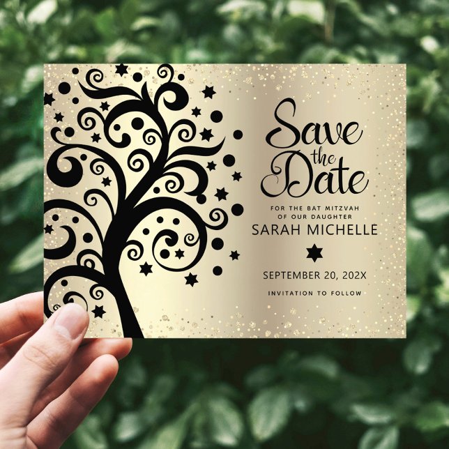 Bat Mitzvah Save Date Black Tree of Life Gold Foil Invitation Postcard (Creator Uploaded)