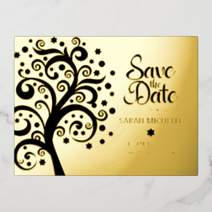 Bat Mitzvah Save Date Black Tree of Life Gold  Foil Invitation Postcard