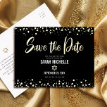 Bat Mitzvah Save Date Bold Script Black Real Gold Foil Invitation Postcard<br><div class="desc">Make sure all your friends and relatives will be able to celebrate your daughter’s milestone Bat Mitzvah! Send out this stunning, modern, “Save the Date” announcement postcard. Graphic real gold foil calligraphy script, Star of David, and confetti dots, overlay a rich, dramatic, black background. Personalise the custom text with your...</div>