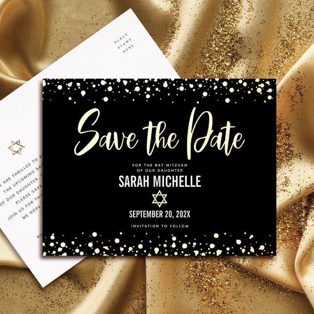 Bat Mitzvah Save Date Bold Script Black Real Gold Foil Invitation Postcard (Creator Uploaded)