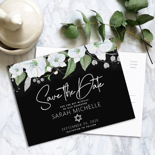 Bat Mitzvah Save Date Floral Black Silver Script Invitation Postcard