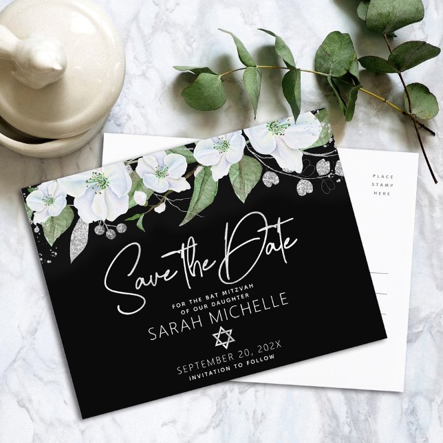 Bat Mitzvah Save Date Floral Black Silver Script Invitation Postcard (Creator Uploaded)