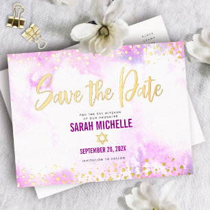 Bat Mitzvah Save Date Pink Watercolor Real Gold Foil Invitation Postcard