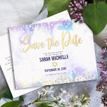 Bat Mitzvah Save Date Purple Watercolor Real Gold Foil Invitation Postcard<br><div class="desc">Make sure all your friends and relatives will be able to celebrate your daughter’s milestone Bat Mitzvah! Send out this stunning, modern, sparkly gold faux foil and glitter dots and typography script against a soft purple watercolor background, personalised “Save the Date” announcement card. Personalise the custom text with your Bat...</div>
