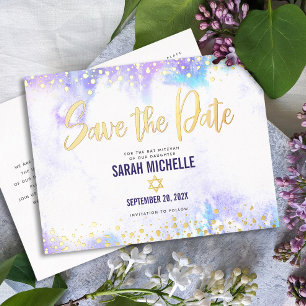 Bat Mitzvah Save Date Purple Watercolor Real Gold Foil Invitation Postcard