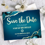 Bat Mitzvah Save Date Teal Ombre Agate Real Gold Foil Invitation Postcard<br><div class="desc">Make sure all your friends and relatives will be able to celebrate your daughter’s milestone Bat Mitzvah! Send out this cool, unique, modern, personalised “Save the Date” real gold foil announcement postcard. Real gold foil script typography, a real gold foil Star of David, and white sans serif typography overlay a...</div>