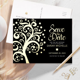 Bat Mitzvah Save Date Tree of Life Black Gold Foil Invitation Postcard