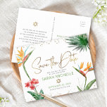 Bat Mitzvah Save Date Tropical Floral Gold Script Invitation Postcard<br><div class="desc">Make sure all your friends and relatives will be able to celebrate your daughter’s milestone Bat Mitzvah! Send out this chic, personalised “Save the Date” announcement postcard. Stylish, stunning, colourful, tropical watercolor birds of paradise flowers, faux gold handwritten script, Star of David and glitter dots, along with green and grey...</div>