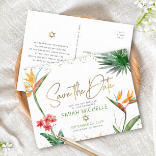 Bat Mitzvah Save Date Tropical Floral Gold Script Invitation Postcard