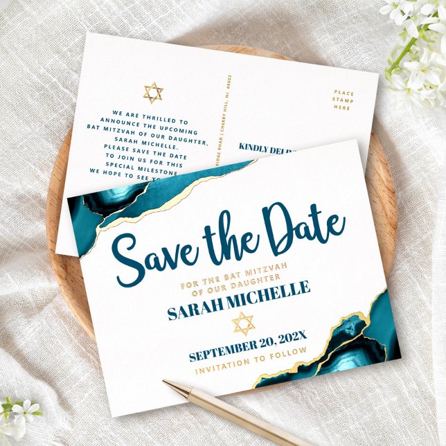 Bat Mitzvah Save Date Turquoise Agate Real Gold Foil Invitation Postcard (Creator Uploaded)