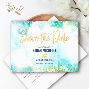 Bat Mitzvah Save Date Turquoise Watercolor Gold Foil Invitation Postcard