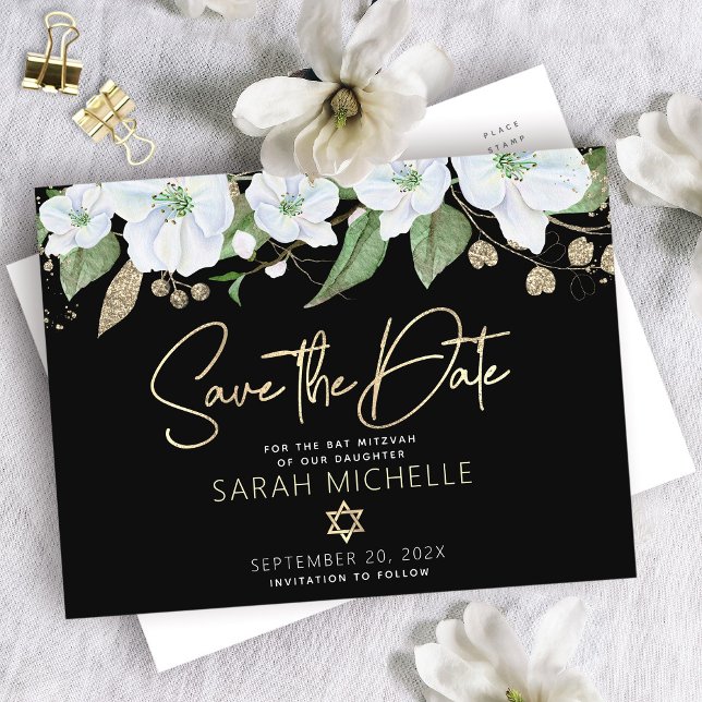 Bat Mitzvah Save the Date Black Gold Script Floral Invitation Postcard (Creator Uploaded)