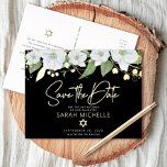 Bat Mitzvah Save the Date Floral Black Real Gold  Foil Invitation Postcard<br><div class="desc">Make sure all your friends and relatives will be able to celebrate your daughter’s milestone Bat Mitzvah! Send out this chic, personalised “Save the Date” announcement postcard. A chic, stunning, white and real gold foil floral watercolor, real gold foil handwritten script and white sans serif typography overlay a dramatic black...</div>