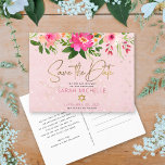 Bat Mitzvah Save the Date Pink Floral Watercolor Invitation Postcard<br><div class="desc">Make sure all your friends and relatives will be able to celebrate your daughter’s milestone Bat Mitzvah! Send out this chic, personalized “Save the Date” announcement postcard. A stunning, pink and peach floral watercolor with faux gold foil script typography and modern dusty rose and gray san serif type overlay a...</div>