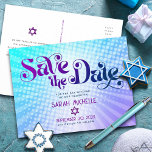 Bat Mitzvah Save the Date Retro Blue Purple Ombre Invitation Postcard<br><div class="desc">Make sure all your friends and relatives will be able to celebrate your daughter’s milestone Bat Mitzvah! Send out this fun, boho retro, personalised “Save the Date” announcement postcard. Fun, trendy, bold purple and navy blue typography with modern sans serif typography overlay a background of pop light turquoise and purple...</div>