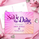 Bat Mitzvah Save the Date Retro Pink Orange Ombre Invitation Postcard<br><div class="desc">Make sure all your friends and relatives will be able to celebrate your daughter’s milestone Bat Mitzvah! Send out this fun, boho retro, personalised “Save the Date” announcement postcard. Fun, trendy, bold dark hot pink and purple typography with modern sans serif typography overlay a background of pop light orange and...</div>