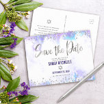 Bat Mitzvah Save the Date Silver Purple Watercolor Invitation Postcard<br><div class="desc">Make sure all your friends and relatives will be able to celebrate your daughter’s milestone Bat Mitzvah! Send out this stunning, modern, sparkly silver faux foil and glitter dots and handwritten script against a soft purple watercolor background, personalised “Save the Date” announcement postcard. Personalise the custom text with your Bat...</div>