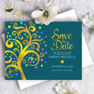 Bat Mitzvah Save the Date Teal Gold Tree of Life Invitation Postcard