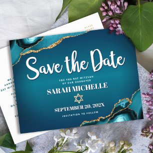 Bat Mitzvah Save the Date Teal Ombre Agate Script Invitation Postcard