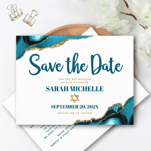 Bat Mitzvah Save the Date Turquoise Agate Script Invitation Postcard