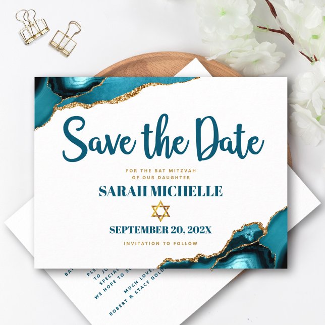Bat Mitzvah Save the Date Turquoise Agate Script Invitation Postcard (Creator Uploaded)