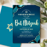 Bat Mitzvah Script Turquoise Ombre Agate Real Gold<br><div class="desc">Be proud, rejoice and showcase this milestone of your favourite Bat Mitzvah! Send out this cool, unique, modern, personalised, Hebrew name invitation for an event to remember. Real gold foil script typography, white sans serif typography, and a real gold foil Star of David overlay a deep turquoise teal blue ombre...</div>