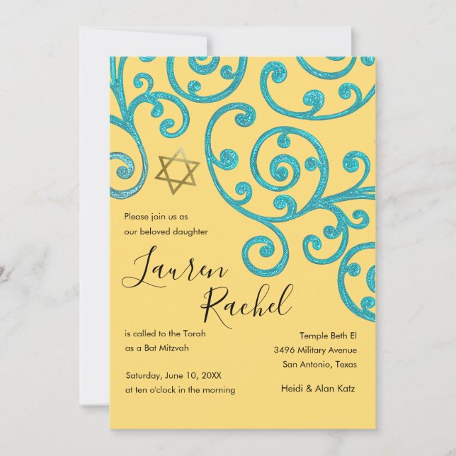 Bat Mitzvah Scroll Pattern Aqua Invitation (Front)