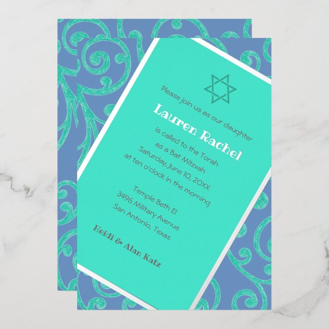 Bat Mitzvah Scroll Pattern Aqua Invitation (Front/Back)